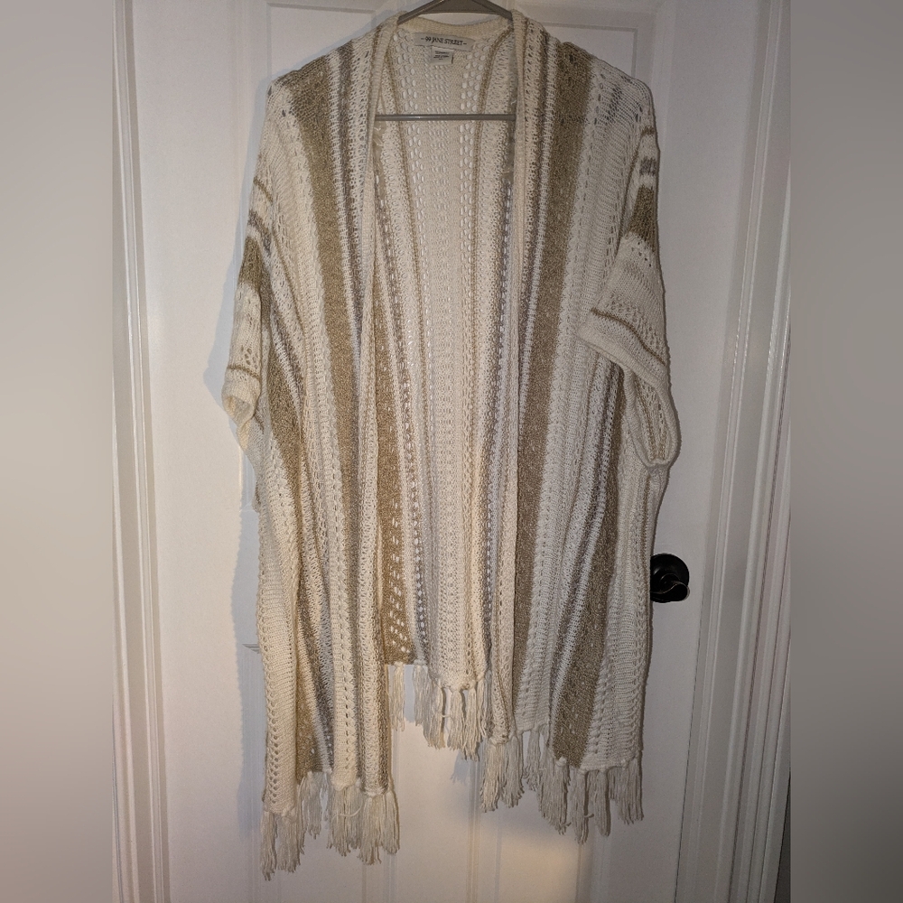 Open-Front Cream & Beige Striped Fringe Knit Poncho